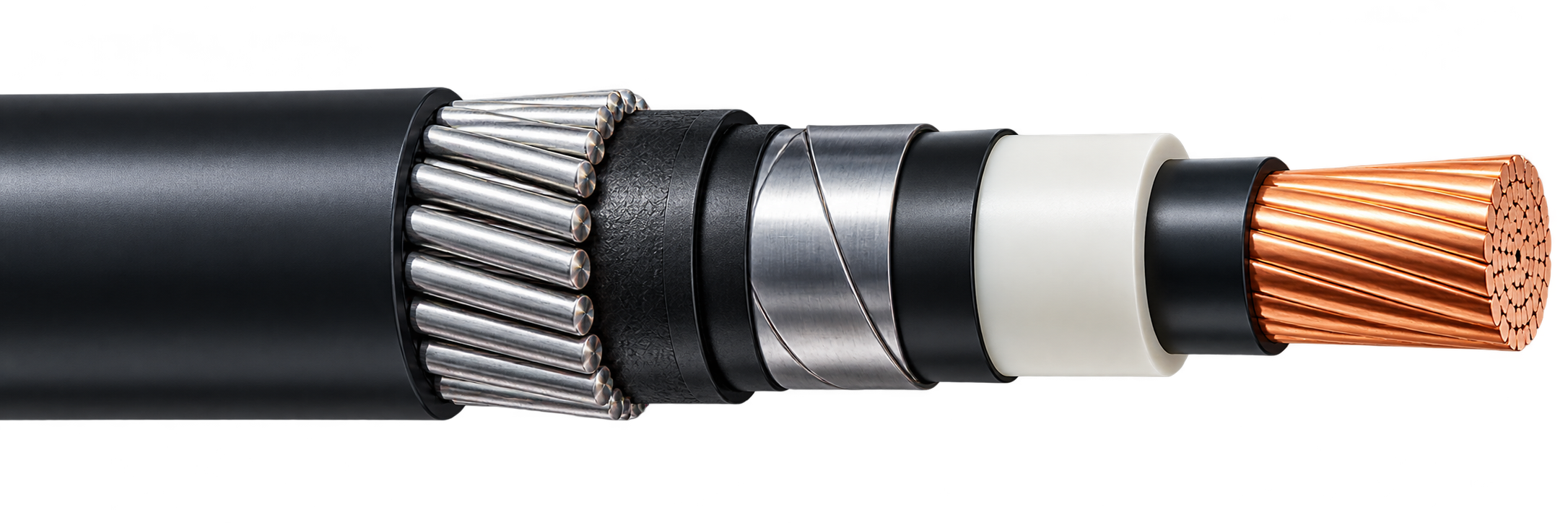 高压电力电缆剖面，突出乐莘供货的 XLPE 绝缘与半导电屏蔽层 / HV power cable cutaway highlighting Lexin-supplied insulation and semiconductive screen layers